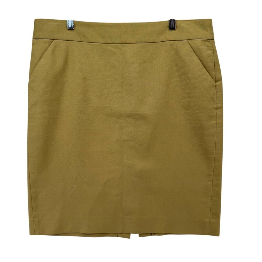 J.CREW Pencil Skirt Gold Knee Length Cotton Back Slit Cotton Pockets Size 14